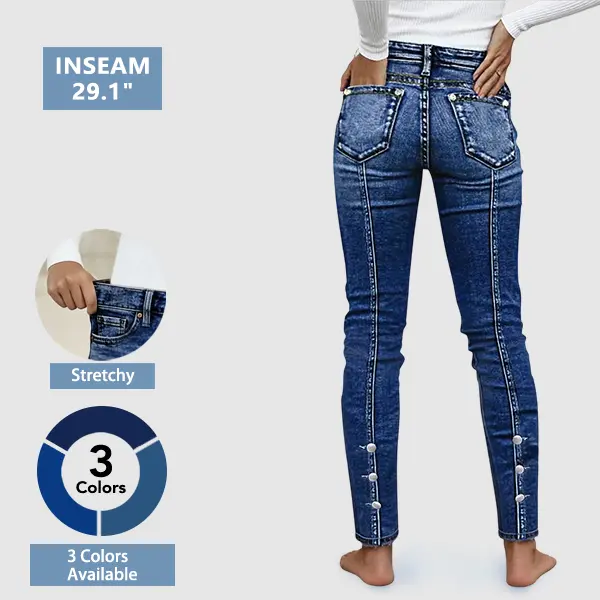 Flamingals Button Side Stitch Detail Mid Waist Skinny Jeans Womenswear