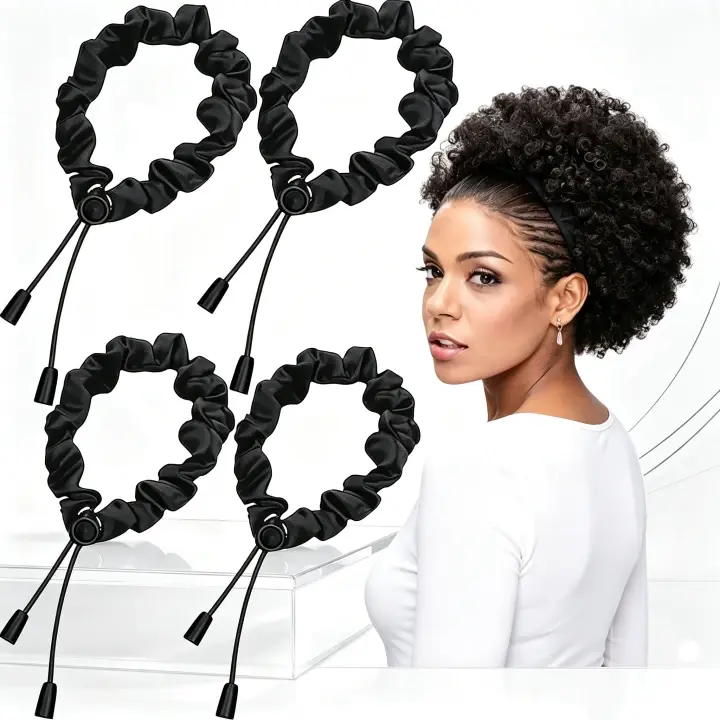 Women's Adjustable High-Quality Satin Scrunchies - Friction-Free Round Band with Sliding Button, Gentle on 4C Thick Curly Natural Hair, Prevents Breakage & Frizz, Ideal for Afro Puff, Everyday Wear & Styling, No-Crease Hair Accessories