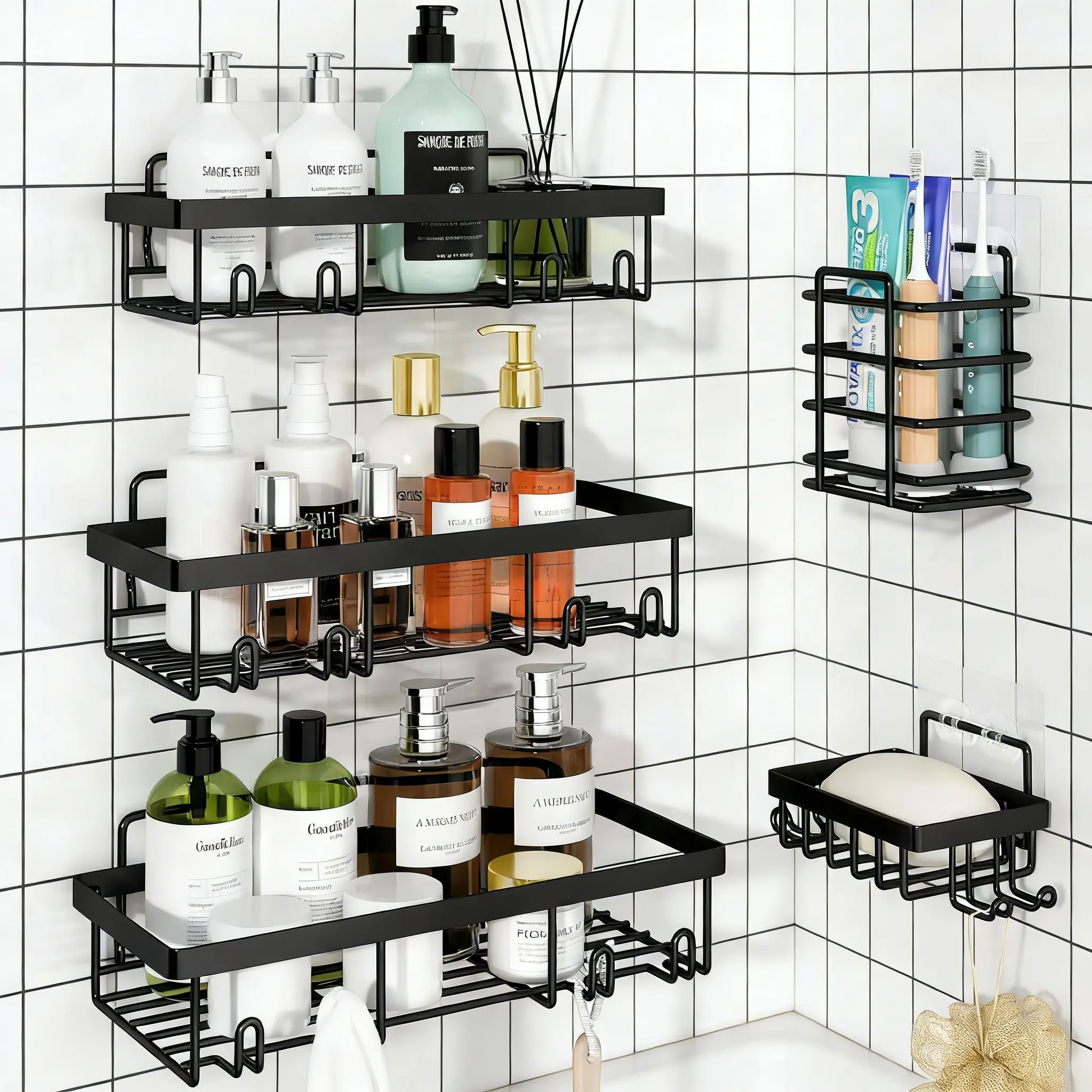 Matte Black 5-Piece Heavy-Duty Iron Shower Organizer Bundle Set - Adhesive Wall Mount, Rustproof Bath Storage, Toothbrush Soap Holder, New Home Essential, Gift | Back to School