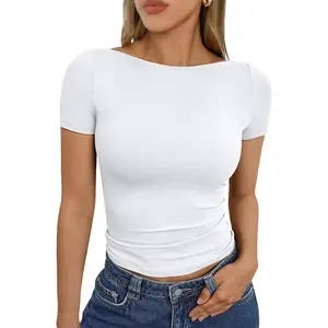Womens Boat Neck Tops Short Sleeve T-Shirts Slim Fitted Compression Summer2025 Womenswear Streetwear Skinny Tshirt Casual Comfy Tee Shortsleeve Round Neck