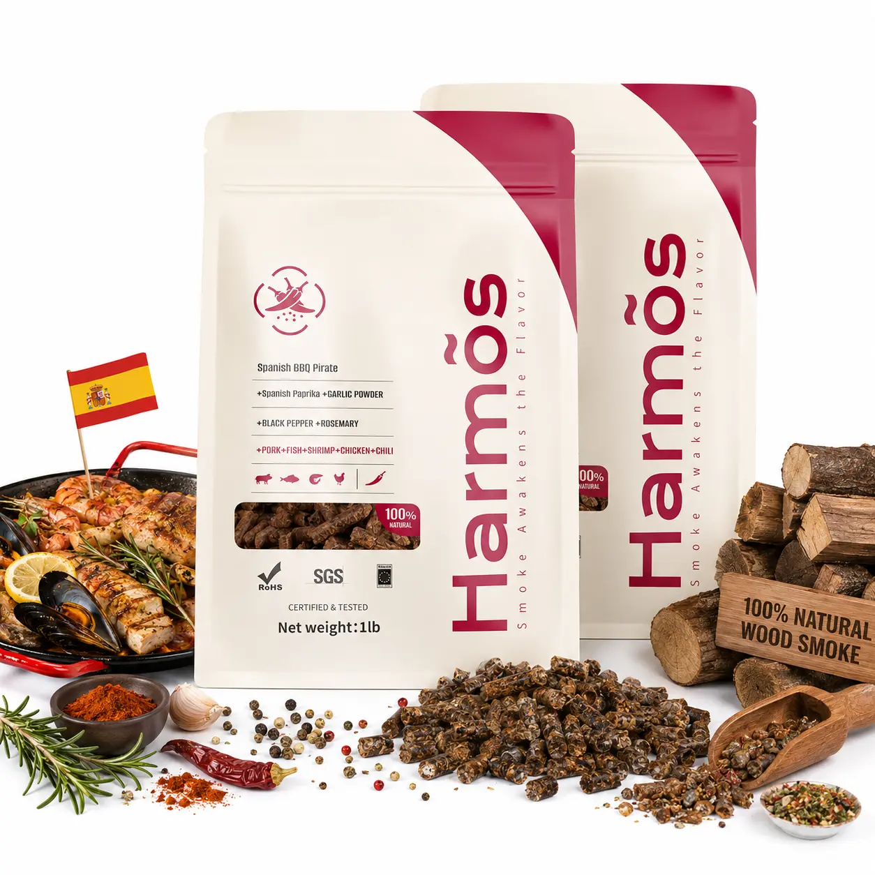 Harmos BBQ Wood Pellets Spanish Pirate  2-Pack Paprika & Garlic Wooden Smoker Pellets for Outdoor Cooking Oak, Hickory, Mesquite More Premium Pellets for Electric Pellet Grills Smokers Food Barbecue