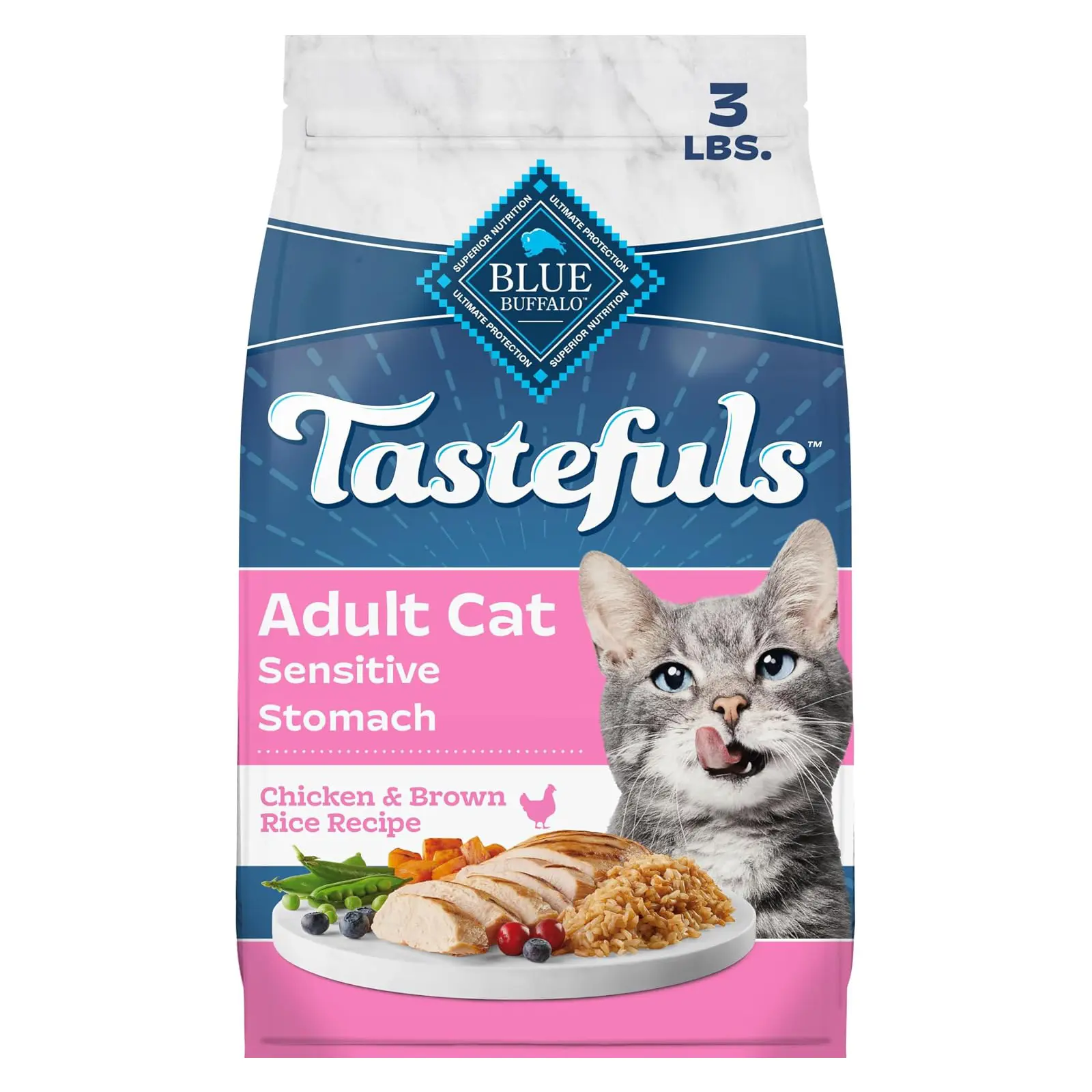 Blue Buffalo Tastefuls Chicken Adult Sensitive Stomach Dry Cat Food, 3 lb Chicken & Brown Rice Recipe, Whole Grains, Garden Veggies & Fruit, No Corn, Wheat, or Soy