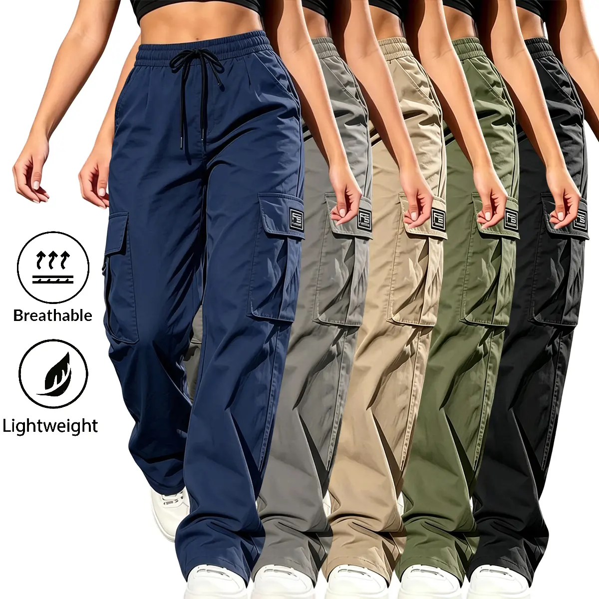 Women's Corduroy Cargo Pants, 5-Pack Plain Jogger Style with Elastic Drawcord Waist and Flap Pockets, All Season Casual Wear, Polyester Clothes