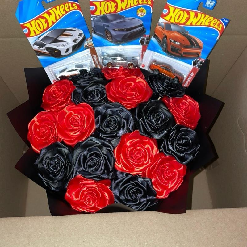 Hotwheel Bouquet - Customizable Rose Arrangement with Roses & Hotwheel Race Car Gift Eternal Flowers for Mom Girlfriend Mother Day Decorative Royal Blue Satin Ribbon Fruit Plants