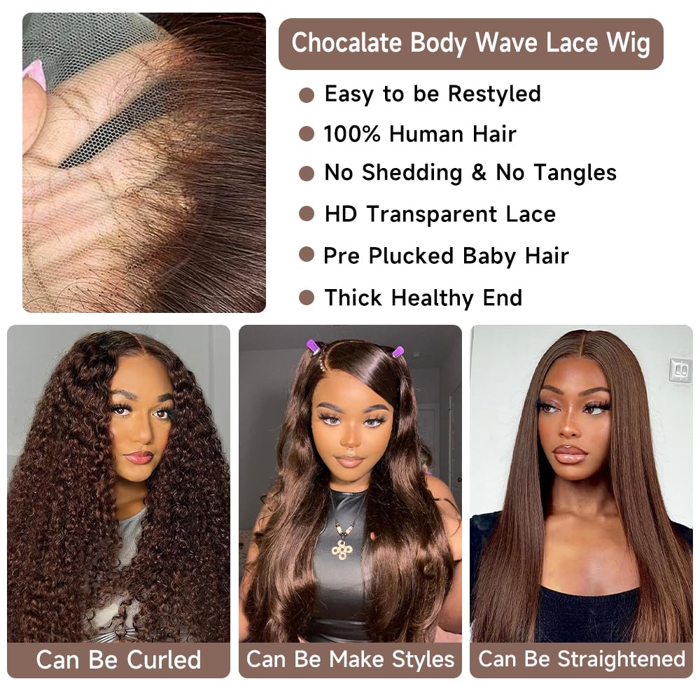 BLING HAIR Brown Body Wave 13x4 / 13x6 Lace Frontal Wig, Real Human Hair for Women with a Pre-Plucked Ear-to-Ear Hairline, Heat Safe, Human Hair Wigs, Female