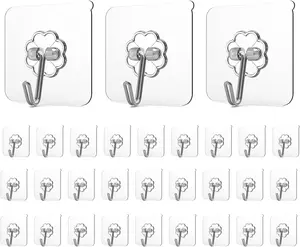 20 Pack Adhesive Hooks for Hanging, Heavy Duty Wall Hooks 20 Pack, Removable Sticky Ceiling Hooks, Transparent Self Adhesive Shower Hooks, Water & Oil Proof Strong 22lb(Max) Door Coat Hooks