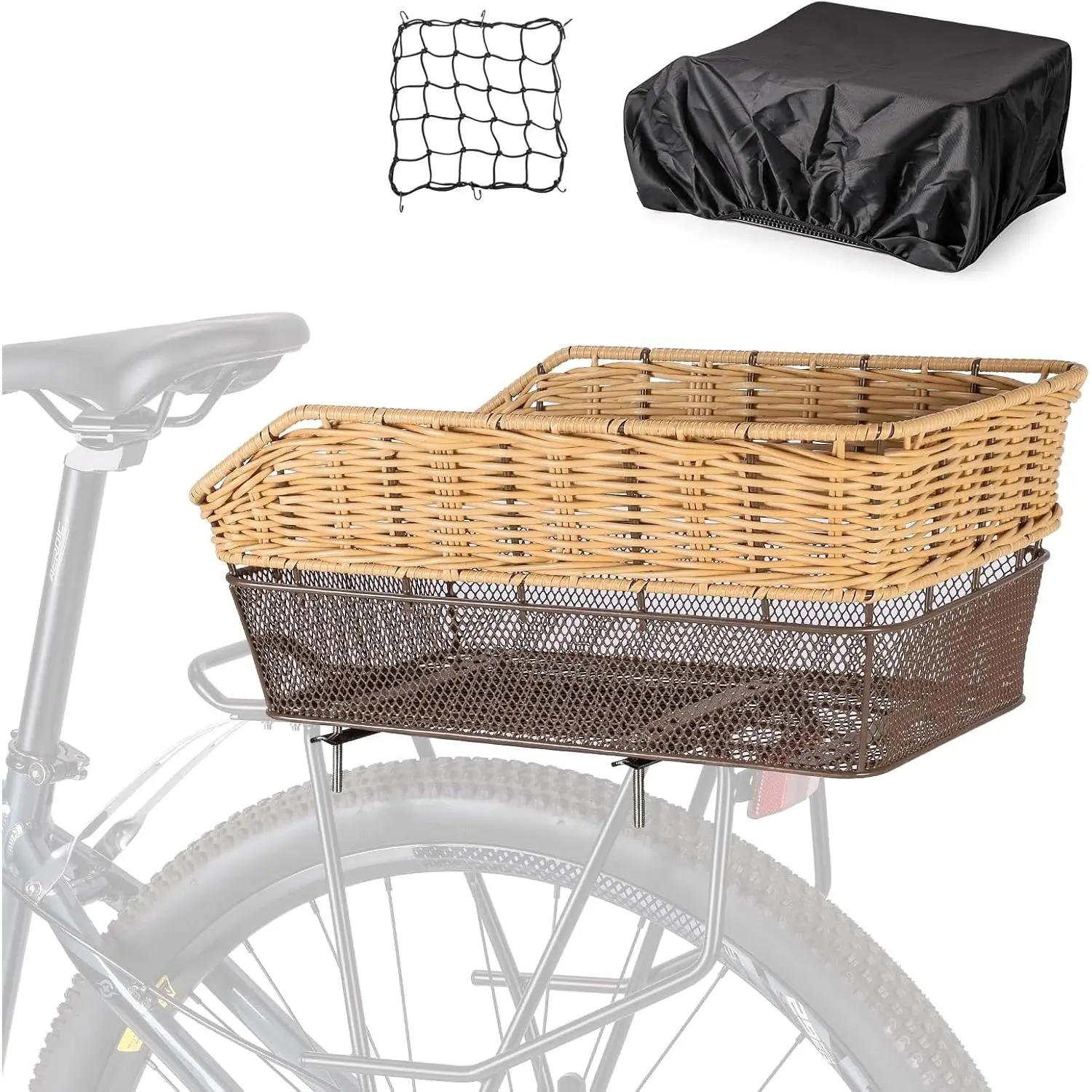 Rear  Basket - Large Bicycle Rear Basket with Cargo Net and  Cover, Hand-Woven Baskets Rear Large Capacity
