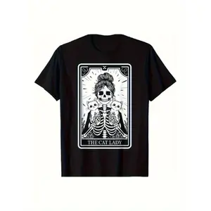 Women's Black Cat Lady Tarot Skull Graphic T-Shirt - Gothic Punk Design Short Sleeve Round Neck Casual Top, Machine Washable Regular Fit All-Season Tee