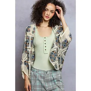 POL Open Front Floral Crochet Cardigan