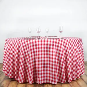 Polyester Round Tablecloth 120" White/Red Checkered Buffalo Plaid Design - Seamless Rustic Decor for Events