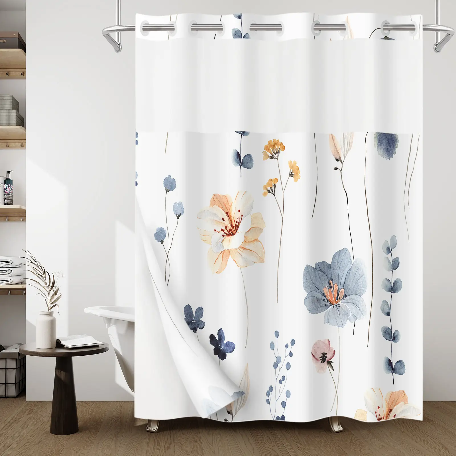 WITHLOC No Hook Waterproof Shower Curtain - Snap-in Liner, Watercolor Floral Design, Plants Blue Beige Flowers White Cloth, Machine Washable