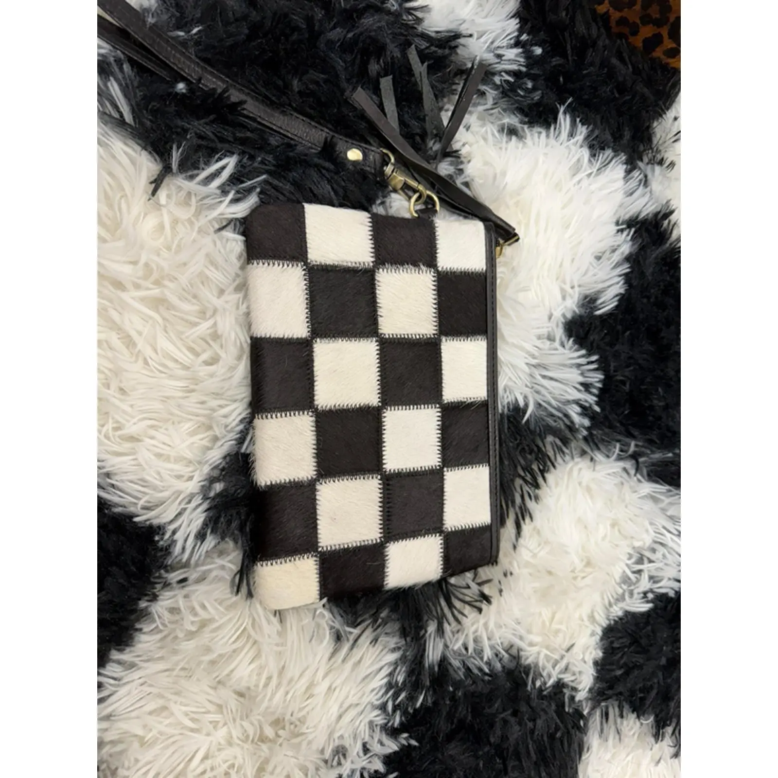 Countryside Co Leather and Cowhide Checkered Wristlet Pouch - Stylish and Durable Accessory for Everyday Use