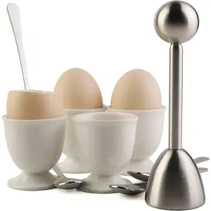 Egg Cracker Topper Set for Soft Hard Boiled Eggs Shell Removal Includes 1 Egg  4 Ceramic Egg Cups and 4 Spoons