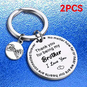 2pcs Stainless Steel Round Funny Keychain, Thank You For Being My Brother Brothers Blessing Commemorative Gift Key Ring Accessories