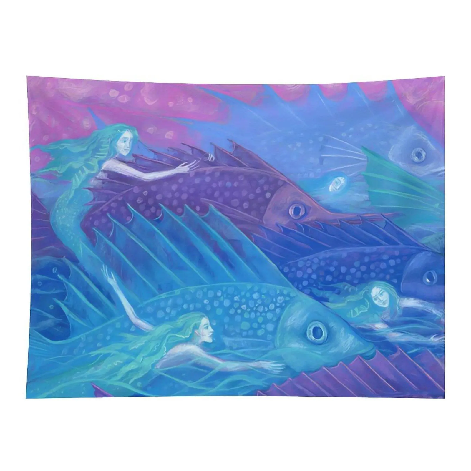 Surreal Underwater Mermaid And Giant Fish Oil Painting Style Wall Tapestry Blue Purple Ocean Fantasy Art For Living Room Bedroom Decor