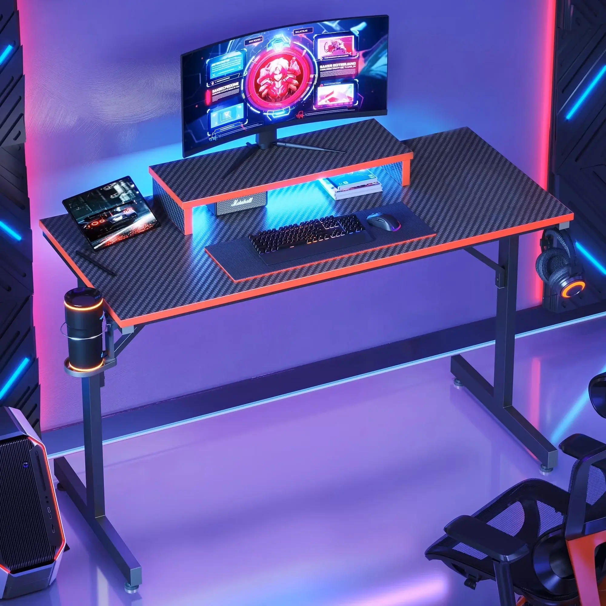 Bestier 42" Gaming Desk PC Computer Office Gamer Table Desk with LED Lights & Monitor Stand in Red