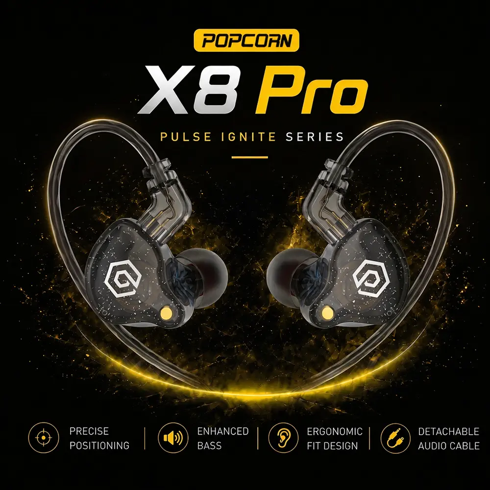 POPCORN Bass X8 Pro Gaming Earbuds with Mic Wired in Ear Monitor Headphones Powerful Bass Gaming Accessories