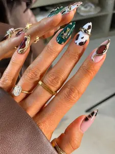 Luxury Western Press On Nails, Cow Print Stiletto Nails, Green Brown Gold Chrome Nails, 3D Charm Glam Fake Nails