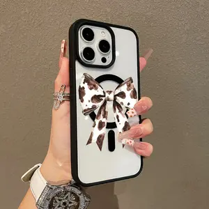 Trendy Magnetic Case for iPhone11/12/13/14/15/16/17/promax Cow Print Bow MagSafe Ready, Ultra Thin & Shockproof | Cute Pick for Girls