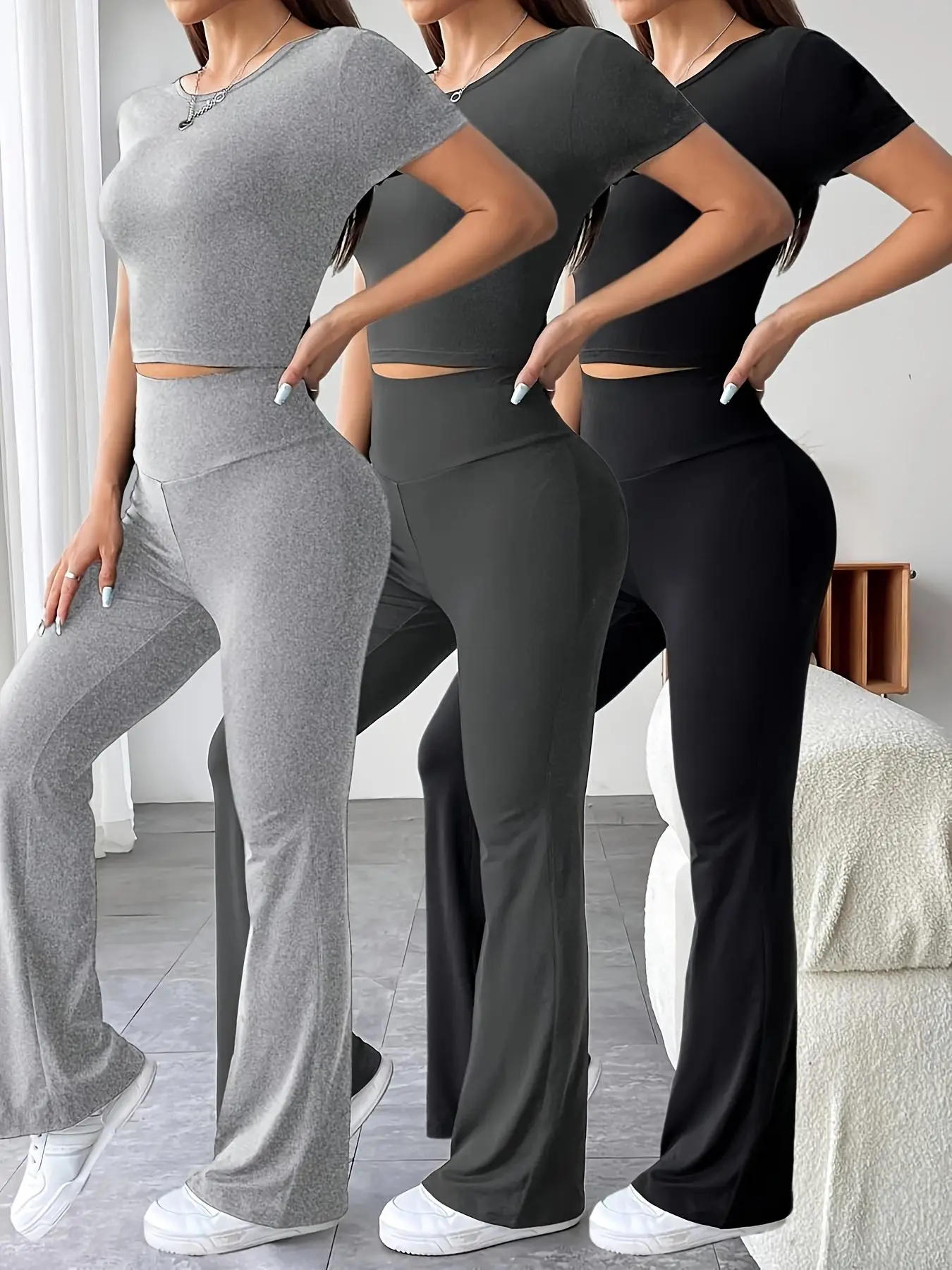 Women's Plain Summer Co-ord Set, Casual Short Sleeve Crop Tee & High Waist Flare Leg Pants Set Daily Wear, Back To School Clothes Sets, Ladies Fall Cl