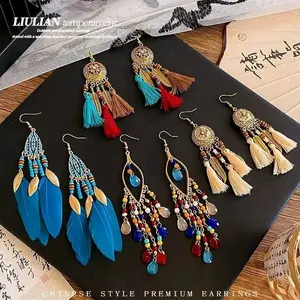 5 Sets Bohemian Feather Earrings with Tassels and Beads Premium Earrings for Women