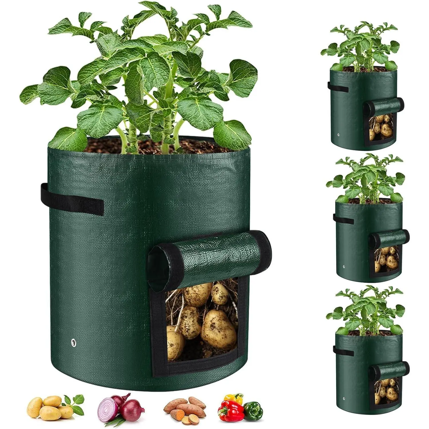 10 Gallon 3-Pack Potato Grow Bags, Heavy Duty PE Fabric Pots with Flap and Handles, Green Planter Bags for Potato Vegetables Outdoor Garden, 17.7''x13.8'' Large for All Plants Growing
