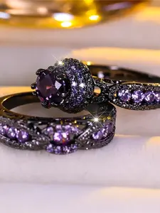 Luxury Female Purple Zirconia Stone Sparkling Zircon Inlay Engagement Ring Set Cute Black Gold Color Wedding Jewelry For Women