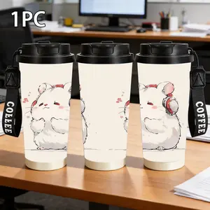 1pc 18oz thermos cup printed with Q version hamster design, portable leak-proof design, black lid with lanpin for easy to carry out, soft white hair with pink orange blush and red heart decoration, an essential healing coffee cup for office commuting