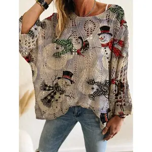 Women’s Christmas Print Knit Top, Long Sleeve Hollow-Out Batwing Loose Fit, Casual Holiday Wear, Fall/Winter Fashion Knitwear