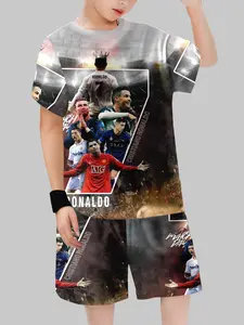 C Ronaldo Fan Exclusive Multi-Team Crown Collection Boys Short Sleeve Set, Casual Fitted Two-Piece for Watching Games