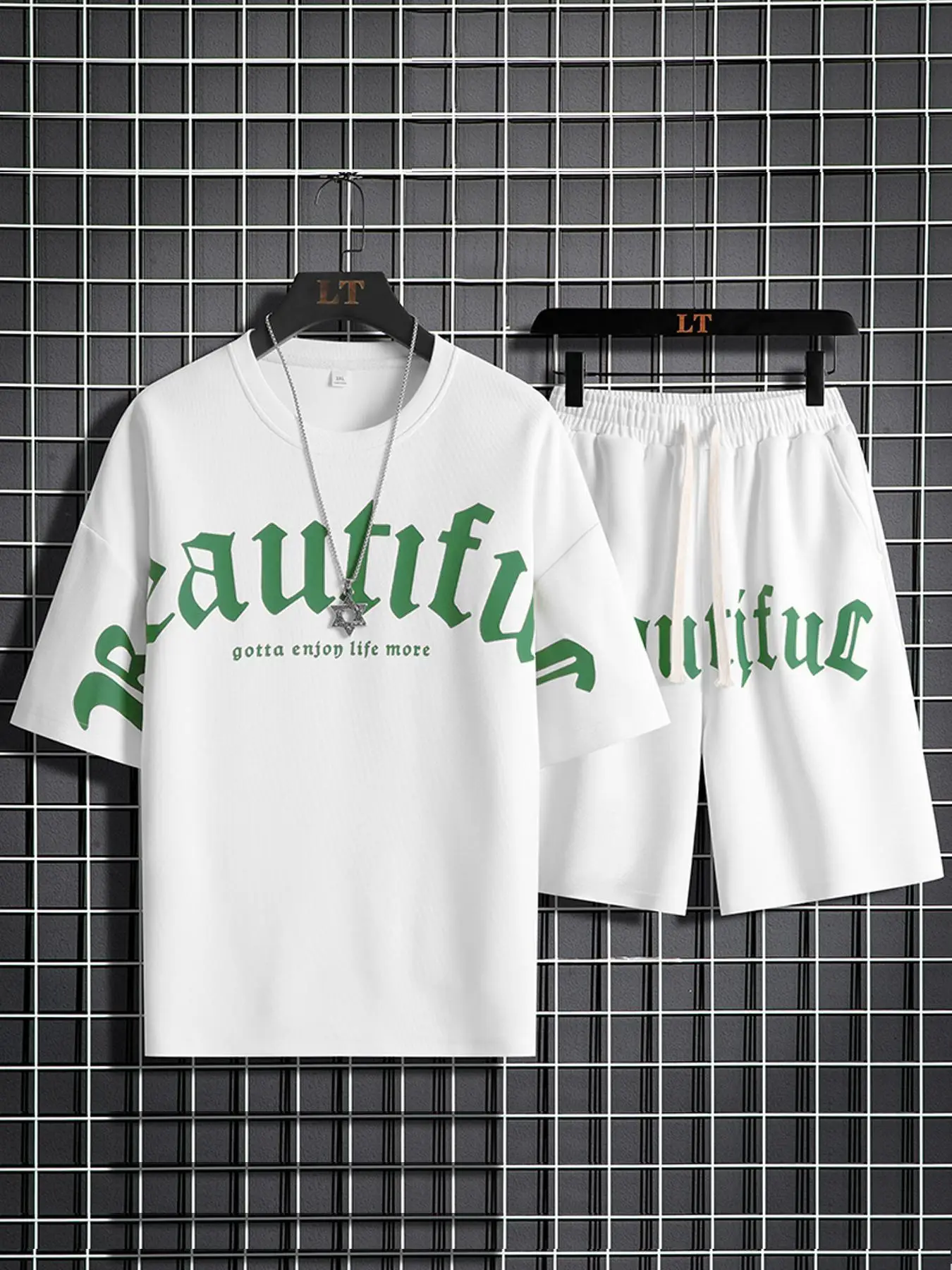 Two Counts Men's Loose Letter Print Drop Shoulder Tee & Drawstring Waist Shorts Set, Back To School Outfits, Summer Outfits, 2 Piece Men's Clothing, C