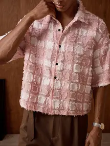 Men's Pink and White Plaid Frayed Textured Short Sleeve Shirt, Casual Button-Down Collared Top, Streetwear Summer Outfit