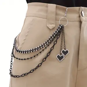 Double Layer Black Mosaic Heart Pendant Metal Pants Chain Belt - Hip Hop Style Zinc Alloy Accessory for Women, Versatile for Daily Wear or Parties chain for pant