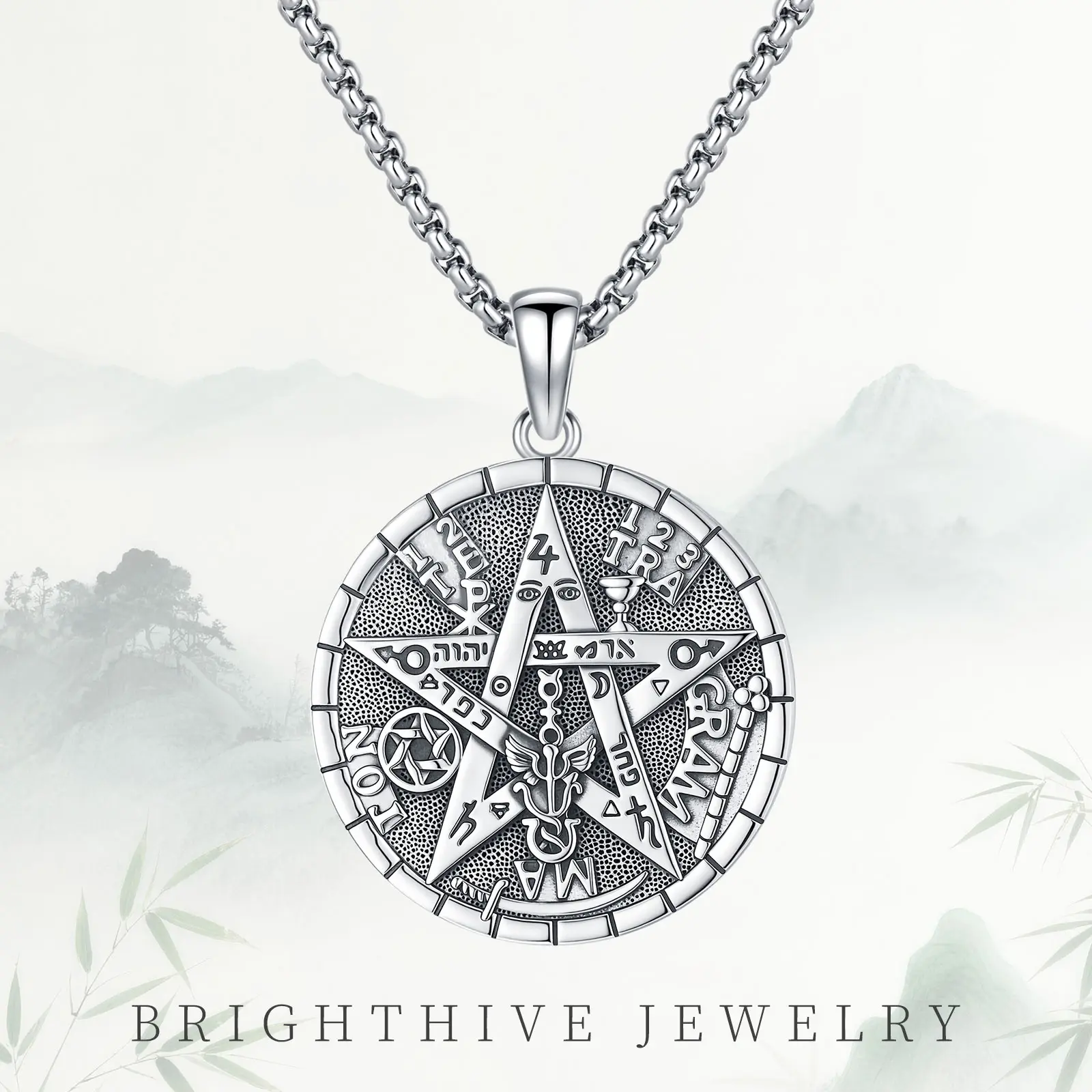 Brighthive 925 Sterling Silver Tetragrammaton Pentagram Amulet Necklace - Retro Wiccan Spiritual Protection Jewelry, Unisex Pagan Accessory with Gift Box, 1 Size for Adults, No Warning Applicable, Silver Necklaces & Pendants