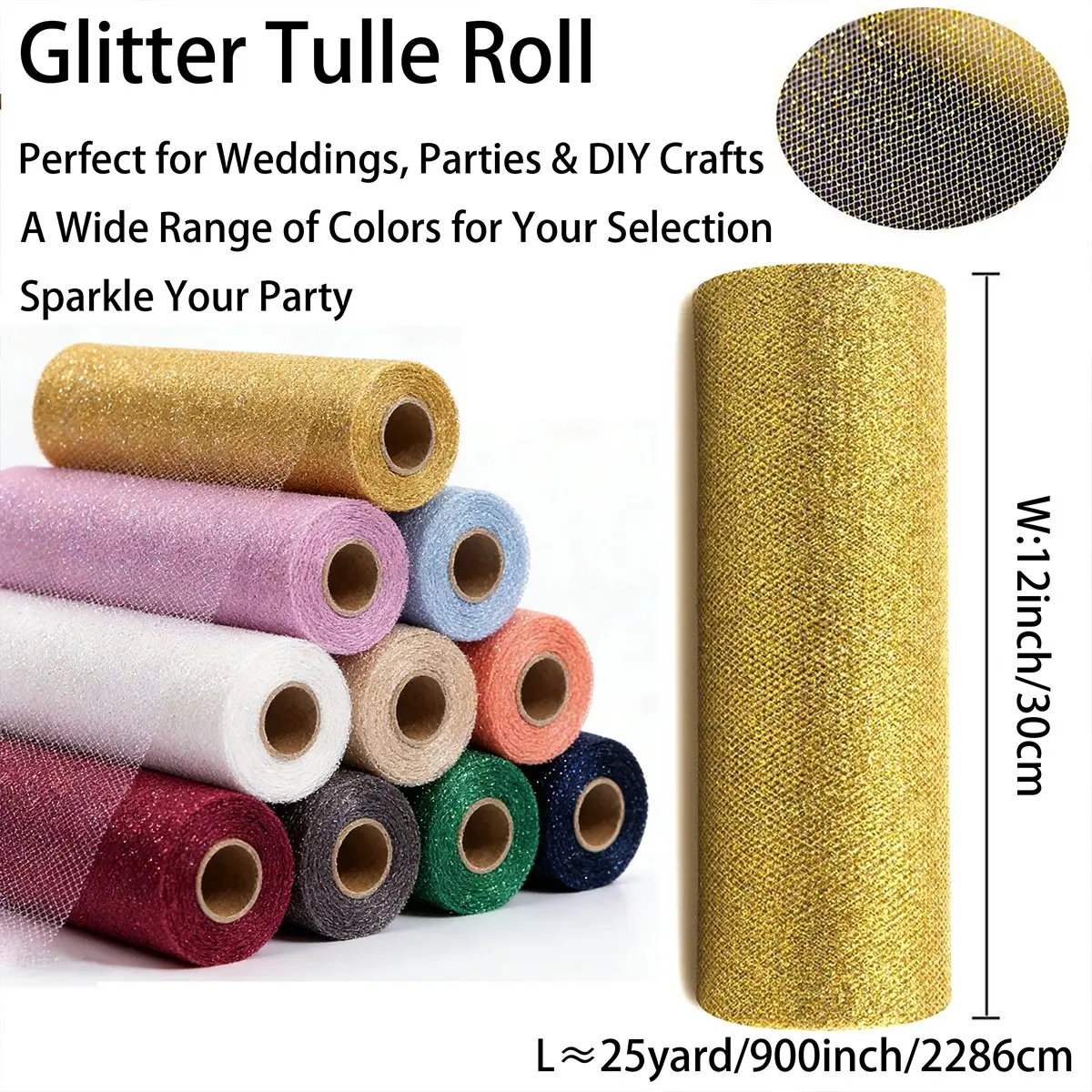 Sparkle Sequins Glitter Finish Ethereal Tulle Sheer Fabric Roll 12 Inches X 25 Yards, Generous Length, Chic Elegant Diy Friendly Handmade DIY Crafts Puffy Skirt Decorative Bow Wedding Decoration Bridal Veil Gift Packaging Wrapping Material, Versatile Uses