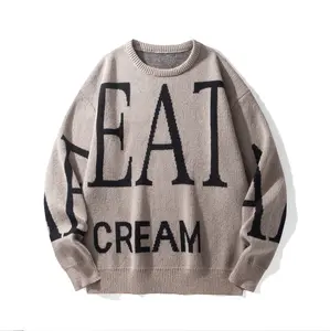 Women's Crewneck Jacquard Knit Pullover - Unisex Trendy Design with Bold EAT CREAM Letters, Premium Soft Fabric, Loose-Fit Long Sleeve for Casual Autumn Layering Comfort Everyday Top Suits Knitwear Sweater Womenswear