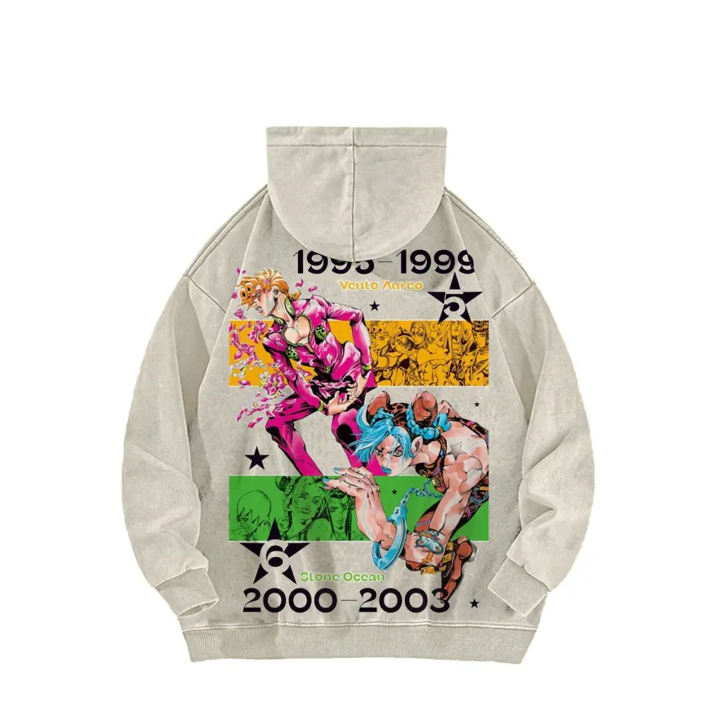 JoJo’s Bizarre Adventure Acid Wash Hoodie Giorno Giovanna Golden Wind Jolyne Cujoh Stone Ocean Heavyweight Cotton Vintage Streetwear Casual Graphic Pullover