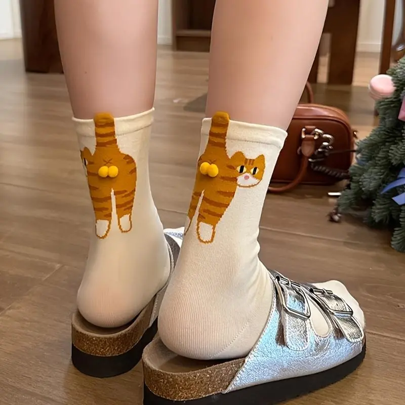Cute 3D Tiger-Striped Cat Socks with Cat Claws, Paw and Bell Collar Details, Unisex Winter Warm Long Stocking Socks, Cozy Footwear Accessory for Women & Men, Style, Animal Socks