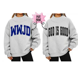 CHRISTIAN Mock Neck Sweatshirts with Puff Print Design - WWJD & God Is Good Text Options - COLORS OF GREY BOUTIQUE EXCLUSIVE!