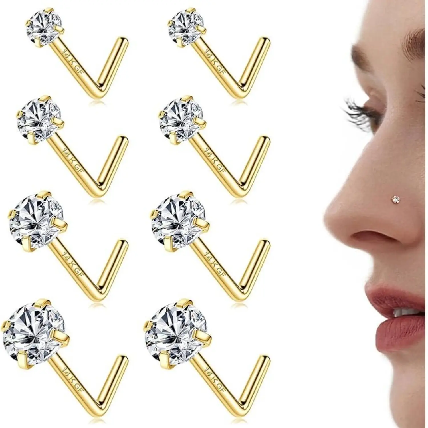MILACOLATO 20G High Quality Body Jewelry - 14 Karat Gold Plated 316L Surgical Steel Nose Studs, 6A Cubic Zirconia 2mm-L Shaped-8pcs Waterproof Tested Hypoallergenic Nose Piercing for Female