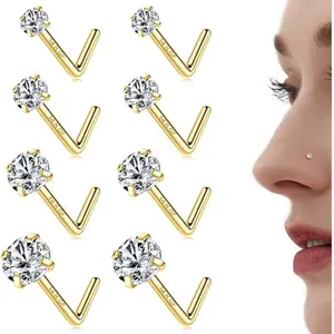 MILACOLATO 14K Plated Gold Filled Nose Studs 316L Surgical Steel Nose Rings Studs 6A Cubic Zirconia Corkscrew L Shaped Nose Piercing Hypoallergenic Nose Rings for Women Men 20G