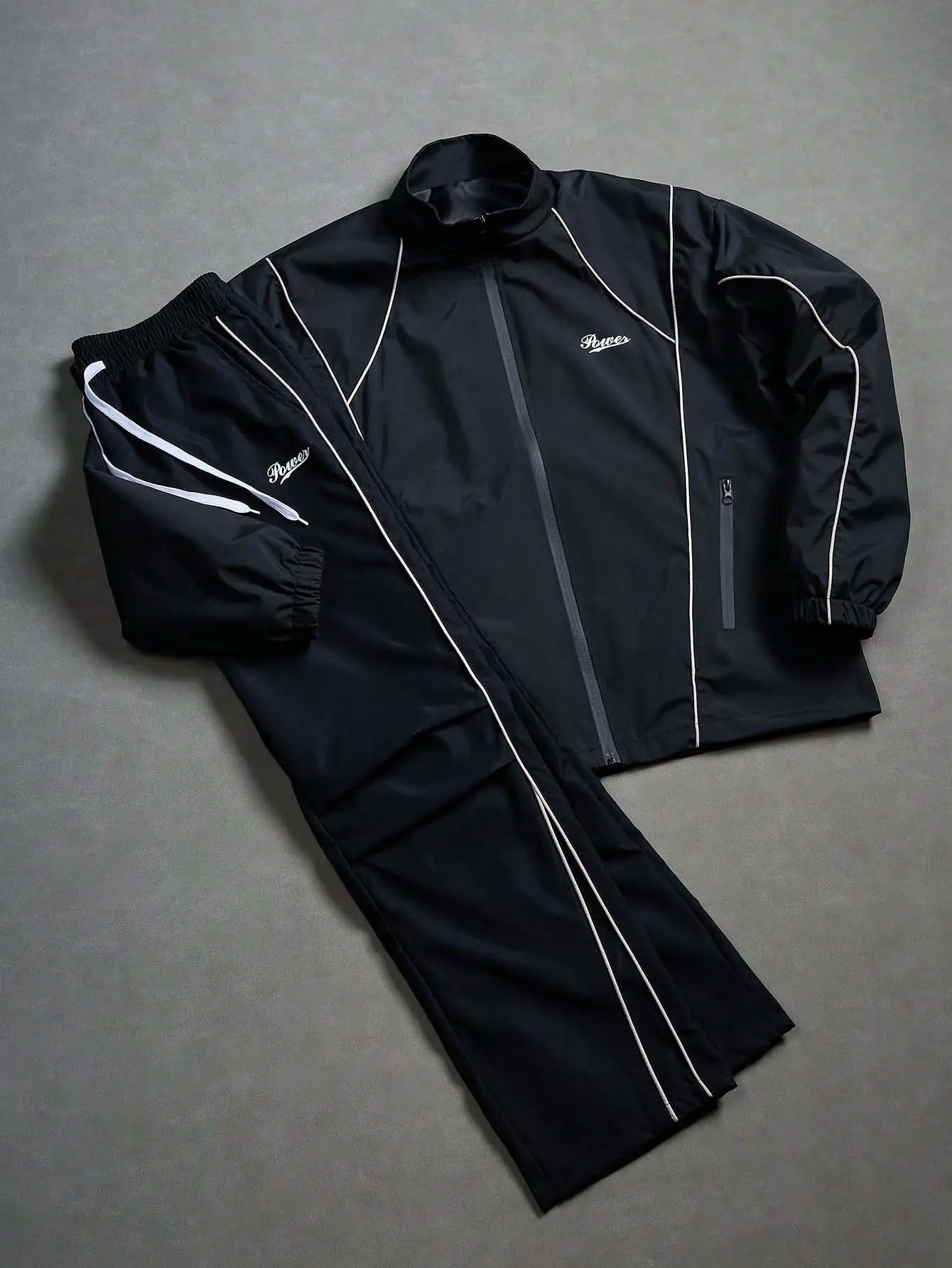 Men’s stand collar cropped athletic set – embroidered zip-up jacket + wide straight-leg long pants two-piece set, suitable for jogging/fitness, daily commuting, and streetwear looks when out and about
