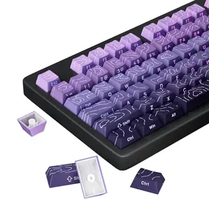 Shine Through PBT Keycaps - Purple Gradient Topographic Backlit Keycaps Set 133 Keys 60 65 75 100 Percent Cherry Profile, Side Printed DoubleShot RGB Key Caps For Full Size MX Switches Gaming Keyboard