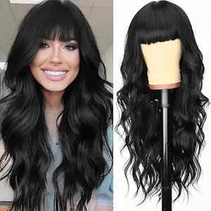 Black Wig with Bangs, Long Black Wavy Wigs for Women Synthetic Wigs Natural Black Curly Hair Wig for Girls Daily Party Use（26 inch）