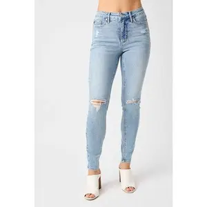 Judy Blue Aurora Mid-Rise Destroyed Skinny Jeans High Waist Above the Ankle Fashionista Edgy Stylish Trendy Casual Denim Fabric Fit Women's Bottoms Style Leg Streetwear