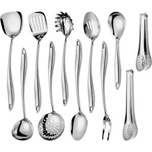 Stainless Steel Kitchen Utensils Set, 11 Pcs Long Metal Cooking Utensil Gadgets Tools Set with Spatula, Spoon, Ladle, Skimmer, Turner, Pasta Server, Polished, Dishwasher Safe