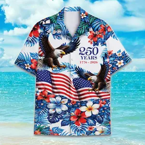 USA Eagle Floral 250 Years Anniversary Hawaiian Shirt, Car Style Tropical Short Sleeve Shirt, Summer Aloha Button Down Shirt, Gift for Him or Her