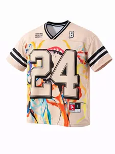 Men's Loose V-Neck Sporty Jersey Tee, Vintage College Style Striped Sleeves, Summer Breathable Quick-Dry Top, Trendy Hip-Hop Casual Oversized Short Sleeve