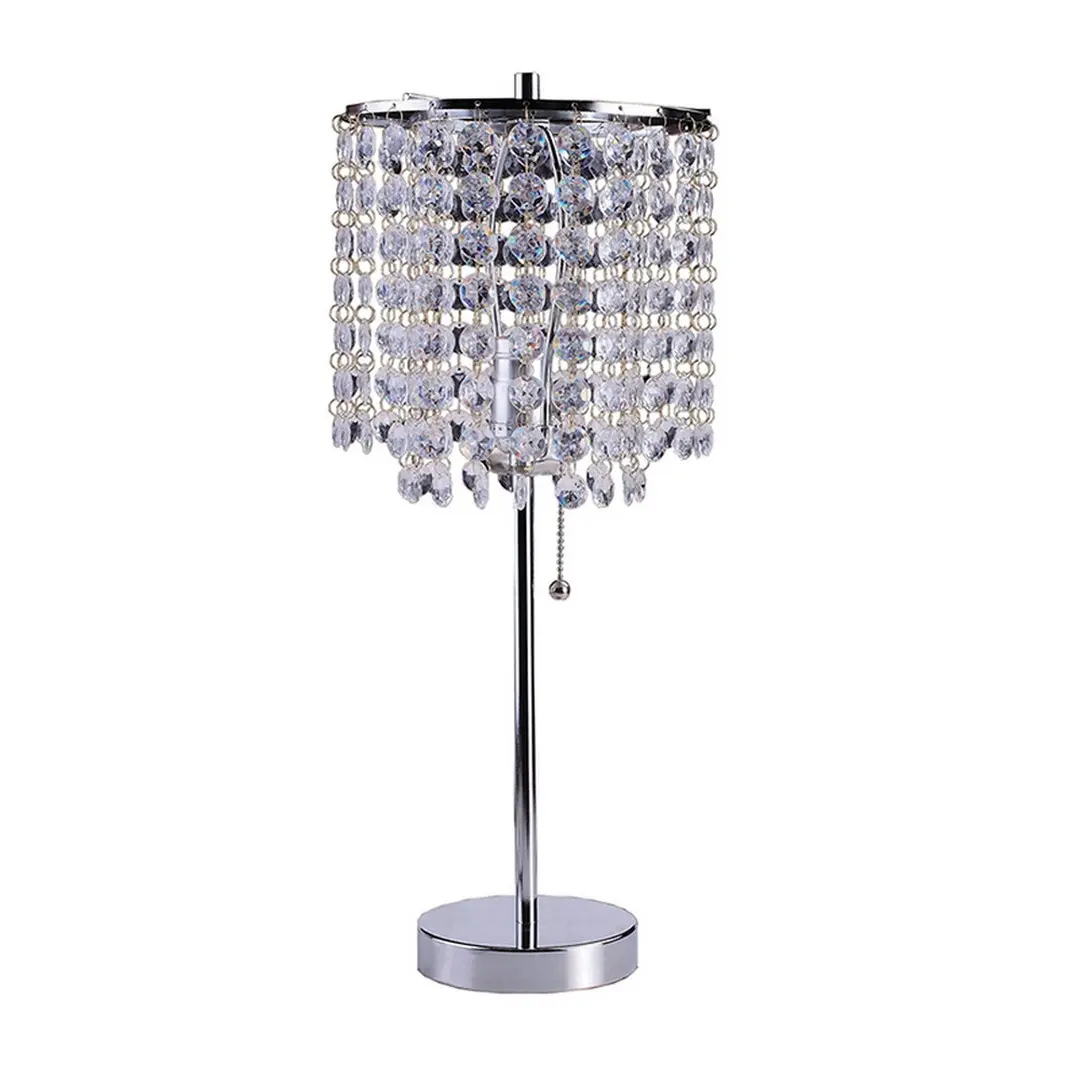 Modern Glam Silver Metal Table Lamp - 8in L x 8in W x 20.25in H, Crystal-Inspired Shade, Pull-String Switch, Incandescent/CFL Compatible, Decorative Interior Home Decor Table Lamps for Indoor Lighting
