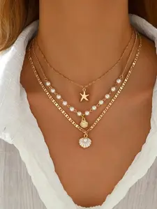 3pcs Boho Layered Shell & Starfish Necklace Set, Ocean Theme Necklaces with Imitation Pearls, Summer Beach Jewelry for Women